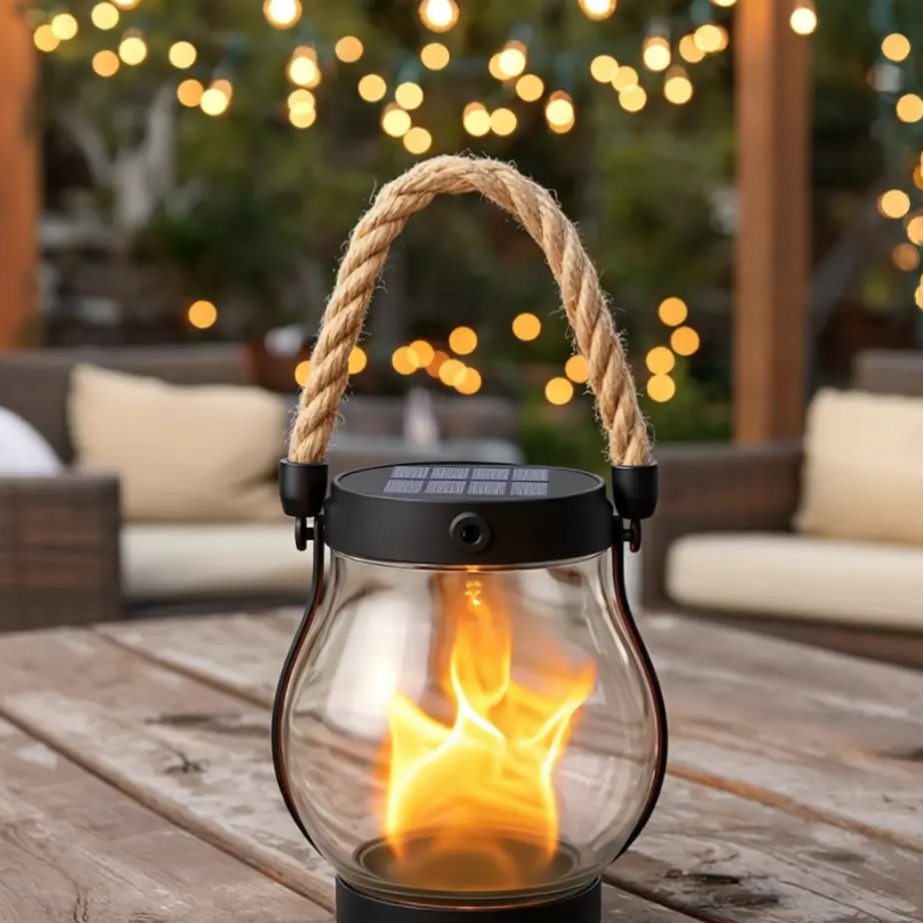 Decorative solar garden lantern with a warm flickering flame, providing charming ambiance for outdoor spaces.