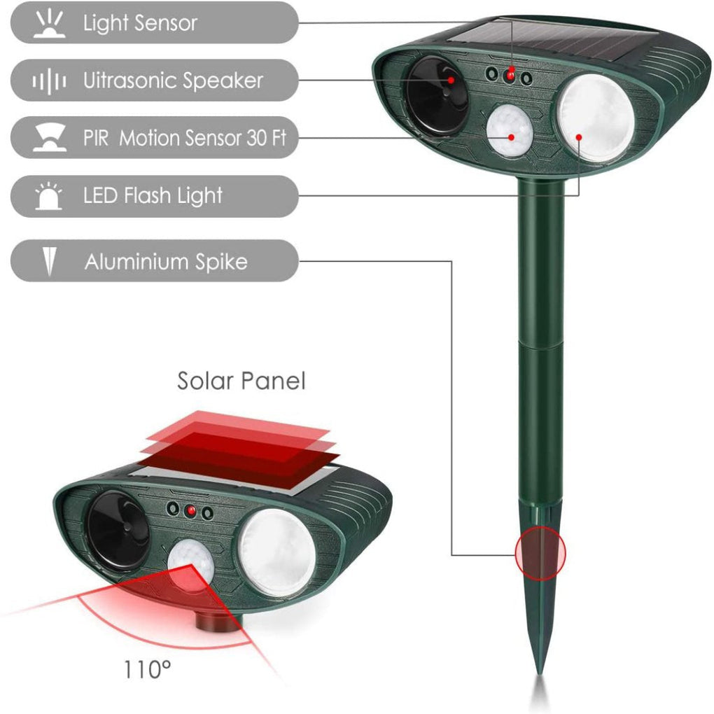Solar powered ultrasonic animal deterrent, repels pests from garden, eco-friendly protection, chemical-free
