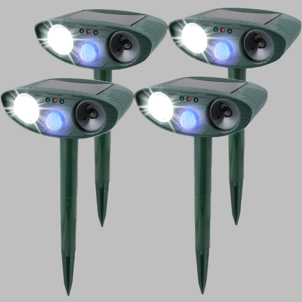 Outdoor solar animal deterrent, prevents pests with ultrasonic sound, keeps garden safe