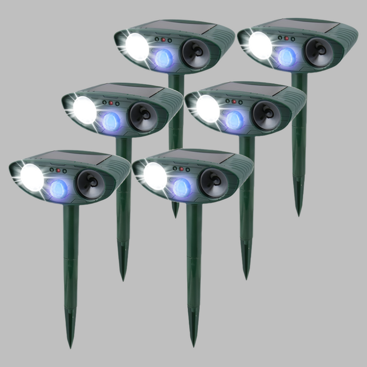 Solar powered ultrasonic animal deterrent, essential for garden protection and pest management