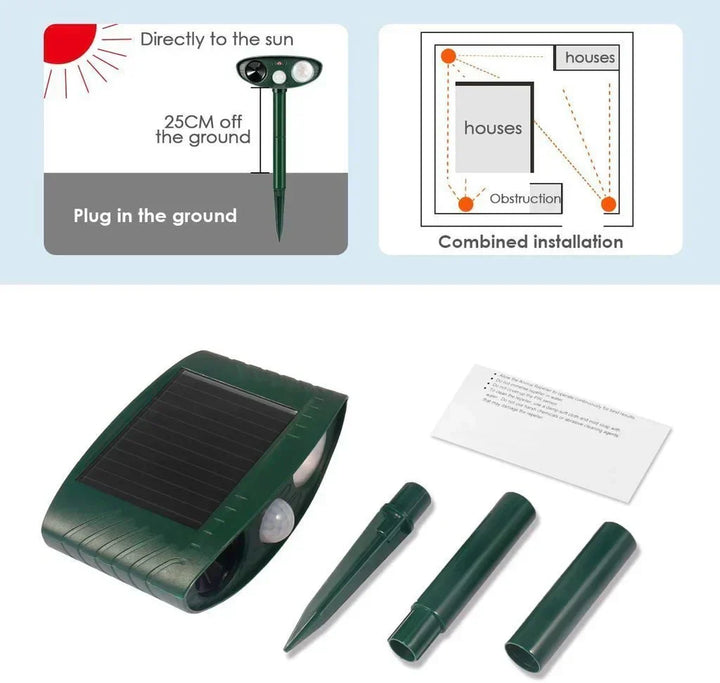 Easy-to-install solar deer repeller providing 24/7 garden protection.