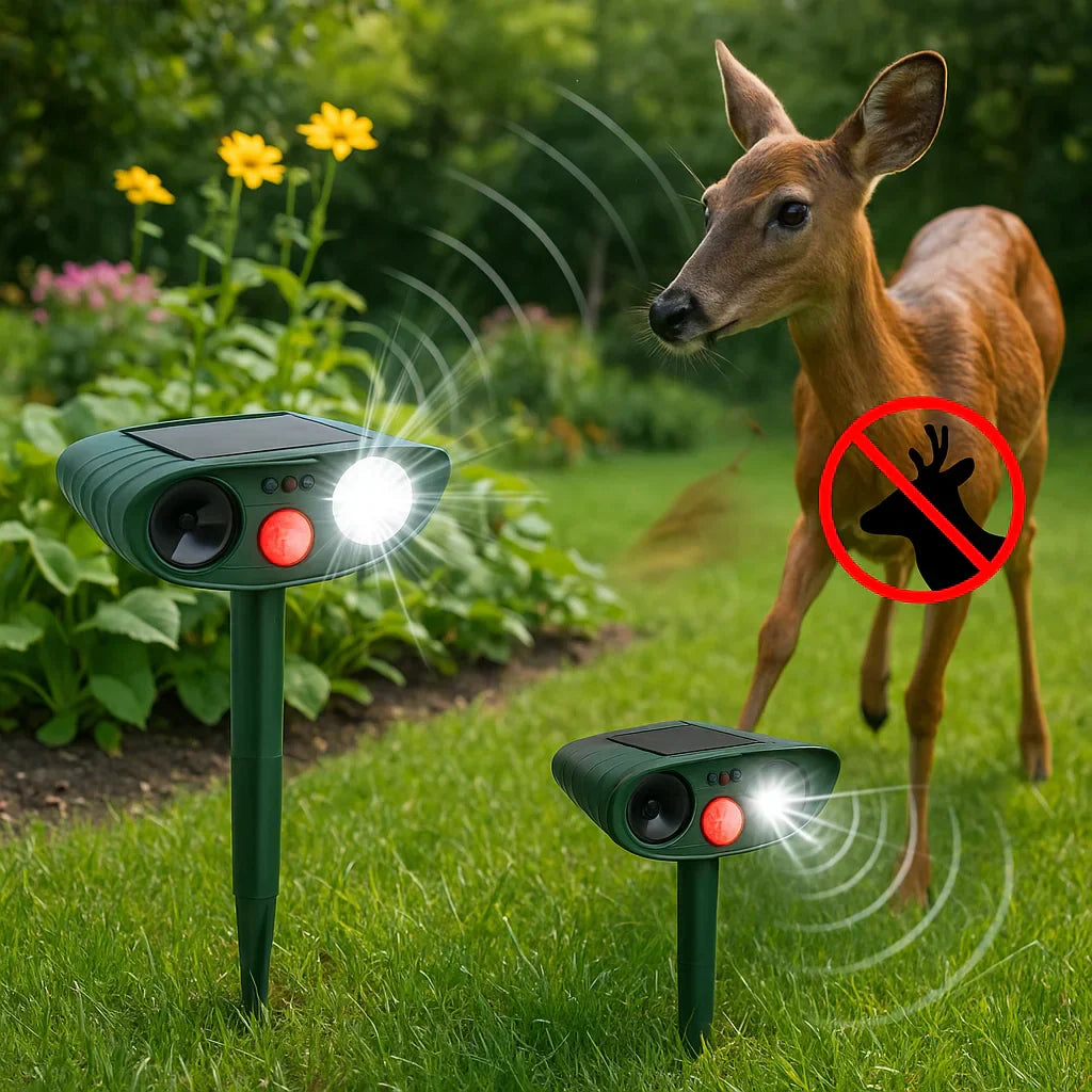 Ultrasonic technology in a solar repeller for humane deer deterrence.