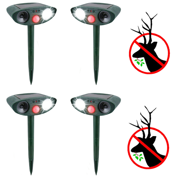 Full view of the Solar Ultrasonic Deer Repeller, ready for garden defense.