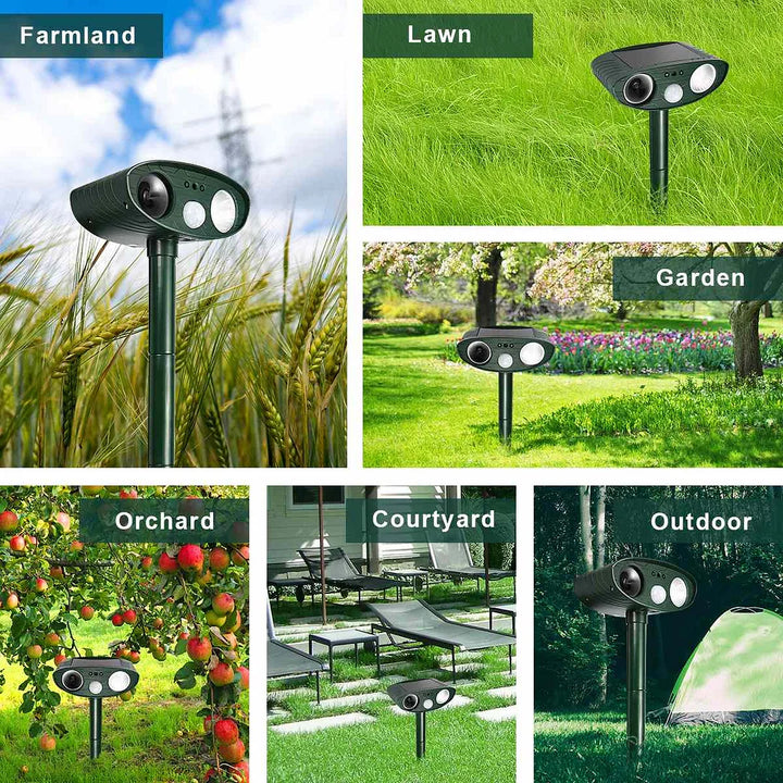 Ultrasonic animal deterrent device installed in a garden bed for effective pest control.