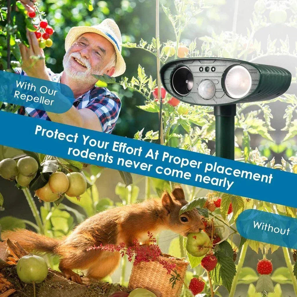 Eco-friendly solar ultrasonic repeller keeping deer away from plants and flowers.