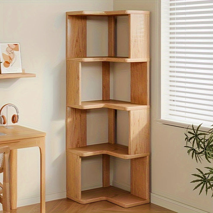 Solid wood corner cabinet with natural finish. Space-saving storage solution for living rooms & home organization.