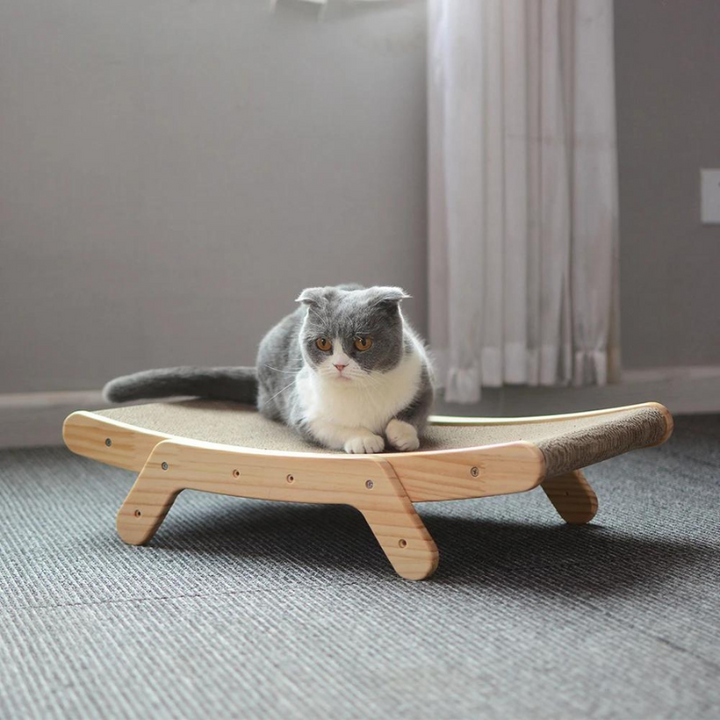 Solid wood frame ergonomic cat scratching slope. Durable pet accessory & cat furniture for feline health & comfort.