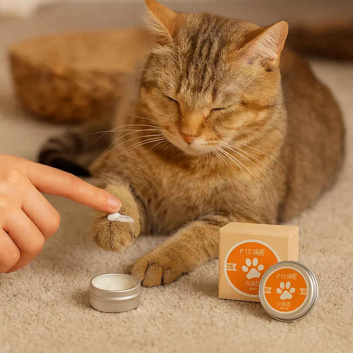 Cat paw balm to moisturize and protect dry, cracked cat paws. Natural soothing care for feline health & comfort.
