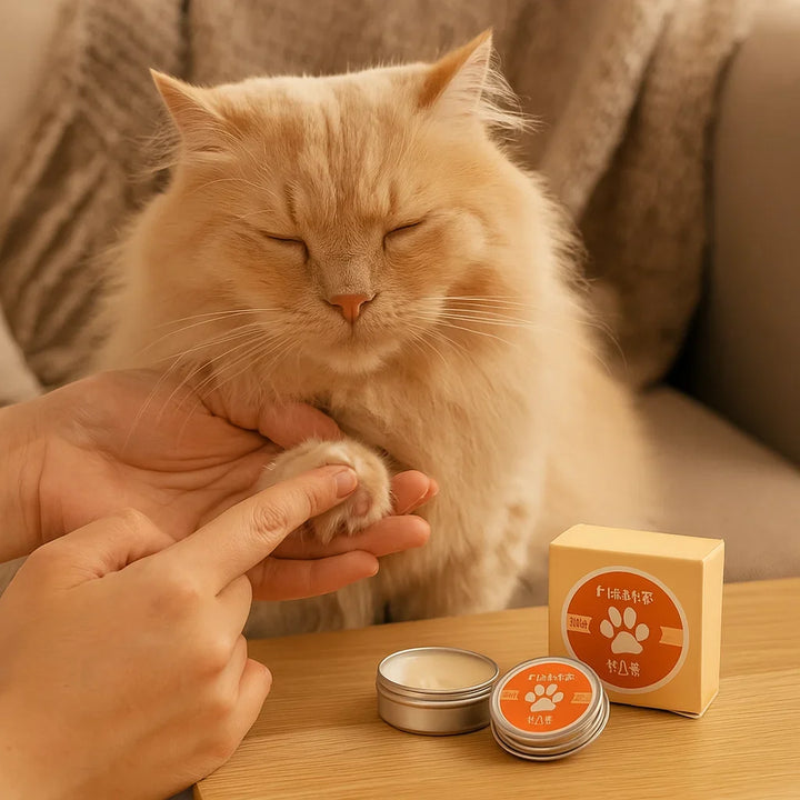 A tube of soothing cat paw care cream. Heals and protects dry, cracked paw pads for healthy feline feet.