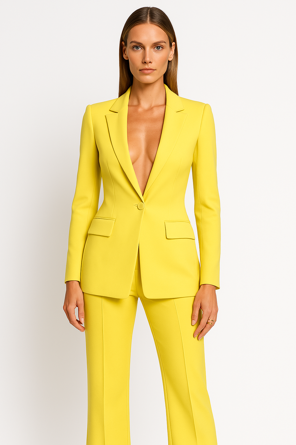 Elegant women's tailored trouser set with a plunging neckline and a chic single-button closure.