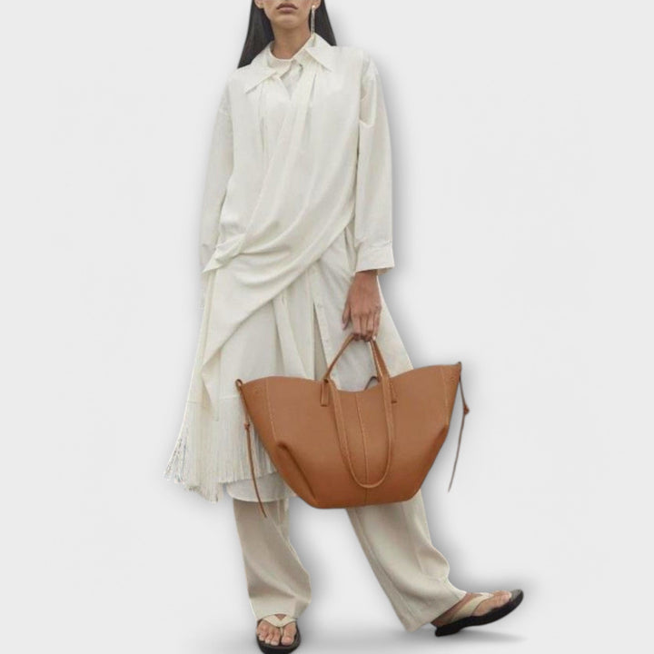 Vegan leather fashion accessory for women, everyday neutral tote bag, full view