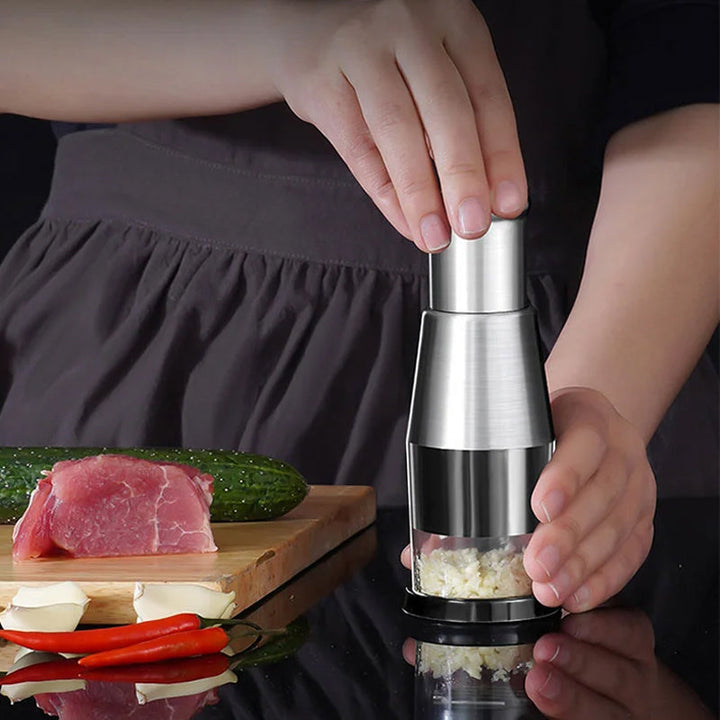 Durable stainless steel garlic press kitchen gadget for fast & effortless mincing.