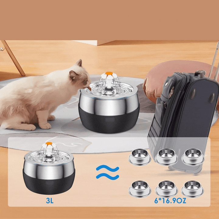 Durable stainless steel pet fountain, quiet water dispenser for cats & small dogs, promoting healthy hydration.