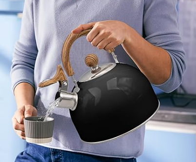 Shiny stainless steel whistling tea kettle for stovetop, 3-quart, with comfort grip handle.