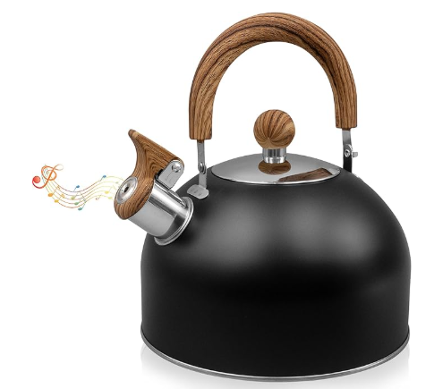 Elegant 3-quart stainless steel whistling stovetop kettle, perfect for tea, coffee & kitchen decor.
