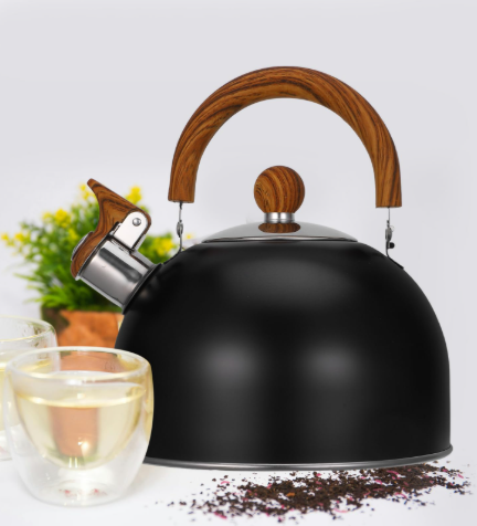 Large 3-quart whistling stovetop kettle, stainless steel, ergonomic handle for easy, safe pouring.