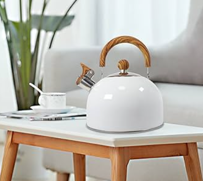 Perfect 3-quart stainless steel whistling coffee & tea kettle, ergonomic handle, safe for all stovetops.