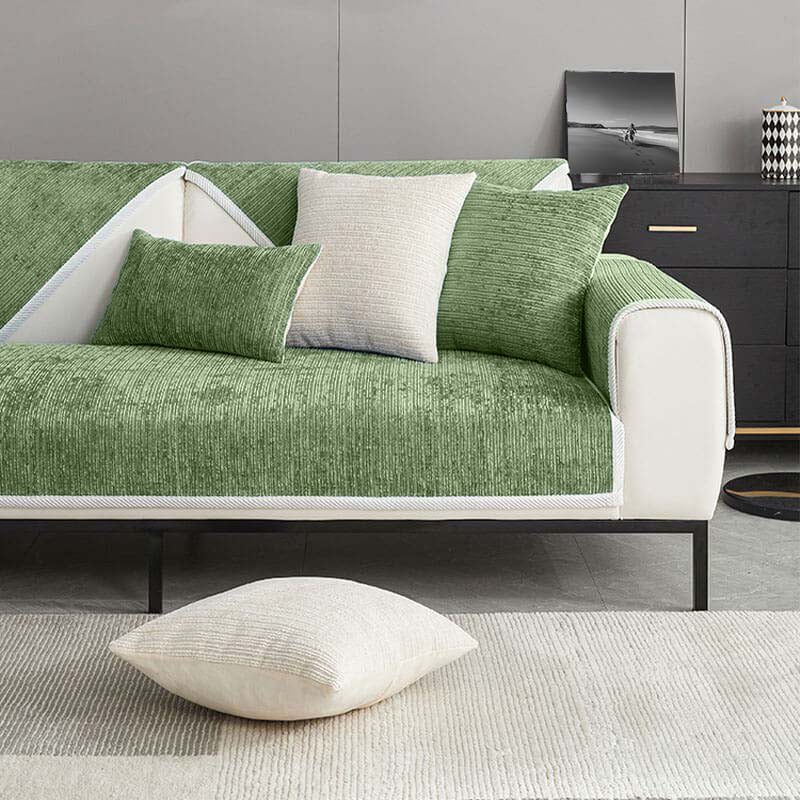 Modern striped chenille sofa cover. Anti-scratch, pet-friendly, & easy clean living room furniture protection.
