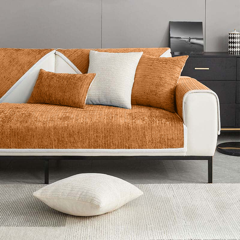 Comfortable striped chenille anti-scratch sofa cover. Durable pet-friendly living room decor & protection.