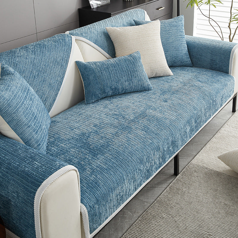 Pet-friendly striped chenille anti-scratch sofa cover. Ideal furniture protector for homes with pets.