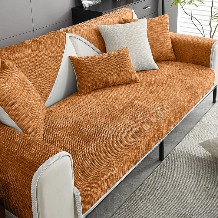 Stylish striped chenille sectional sofa cover. Durable anti-scratch protection for living room decor.