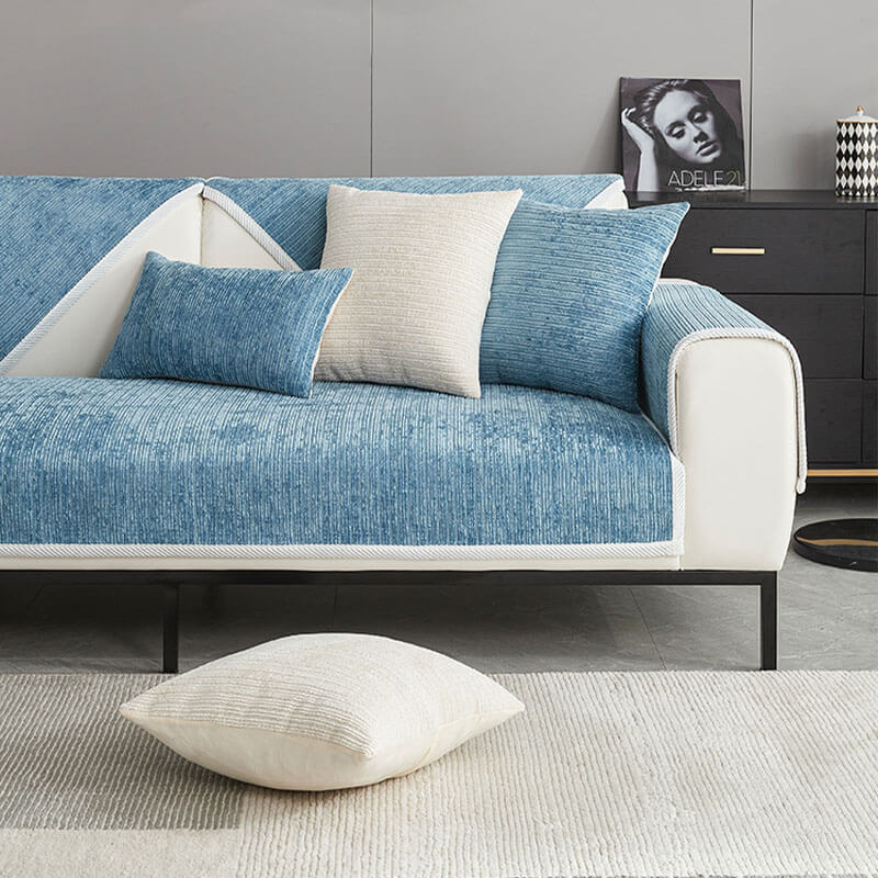 Striped chenille sectional cover. Pet-friendly anti-scratch sofa cover for a stylish living room.