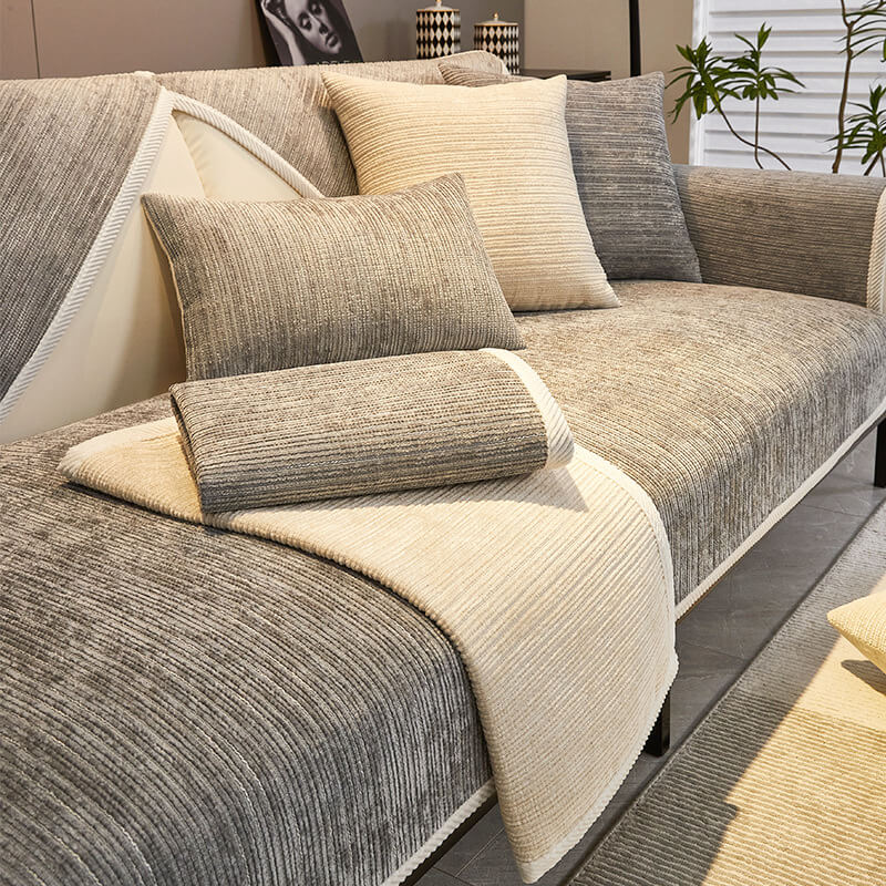 Living room striped chenille sofa cover. Anti-scratch, pet-friendly, & stylish home decor protector.