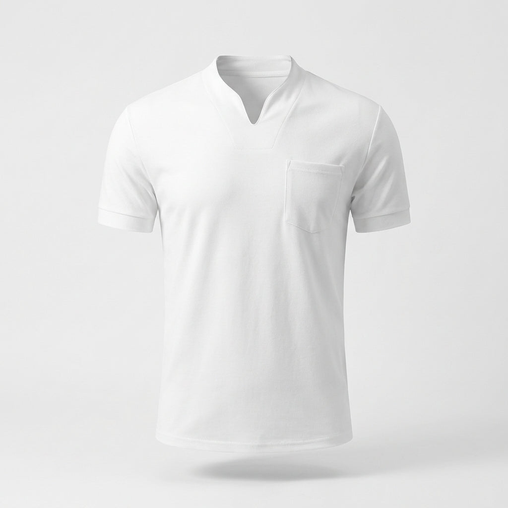Stylish men's band collar pocket t-shirt for modern casual wear. Short sleeve, comfortable & versatile.
