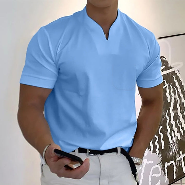 Front view: Men's stylish band collar pocket t-shirt, perfect for casual fashion & summer top.