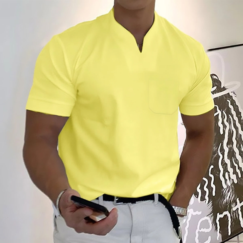Detail of the unique band collar on a men's stylish pocket t-shirt, short sleeve design for comfort.