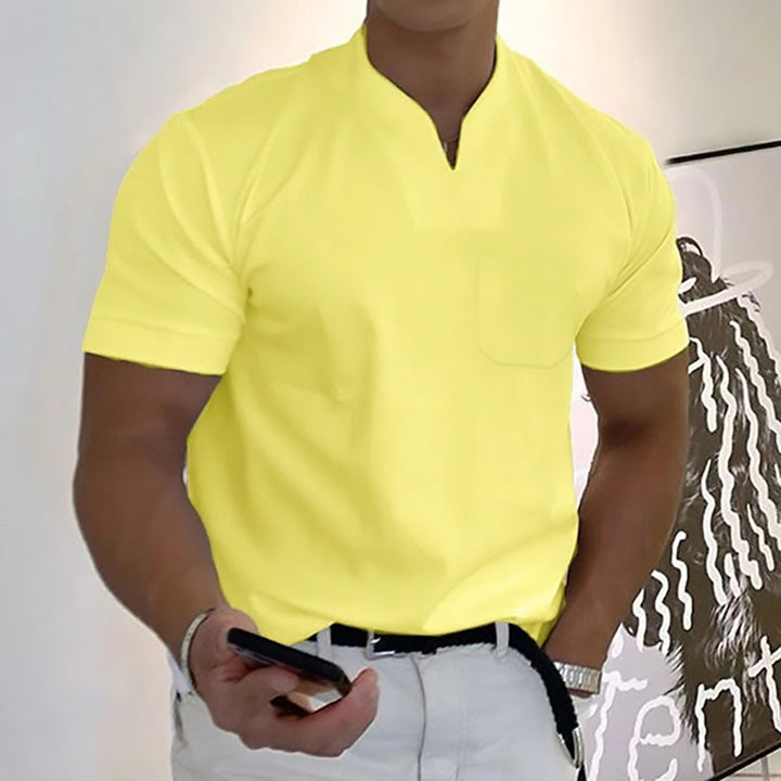 Detail of the unique band collar on a men's stylish pocket t-shirt, short sleeve design for comfort.