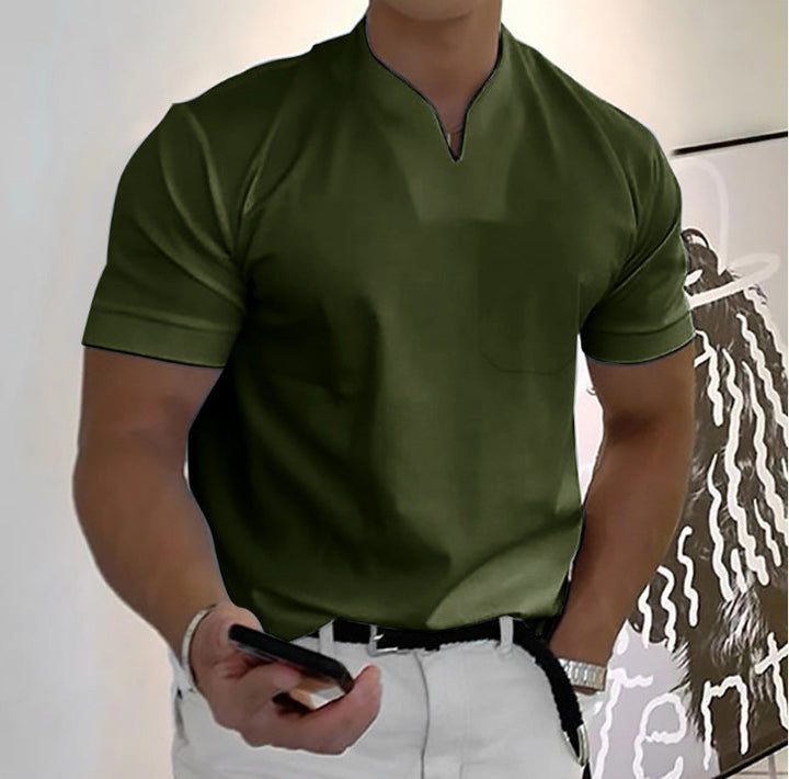 Men's casual short sleeve t-shirt with a stylish band collar and functional chest pocket. Modern look.