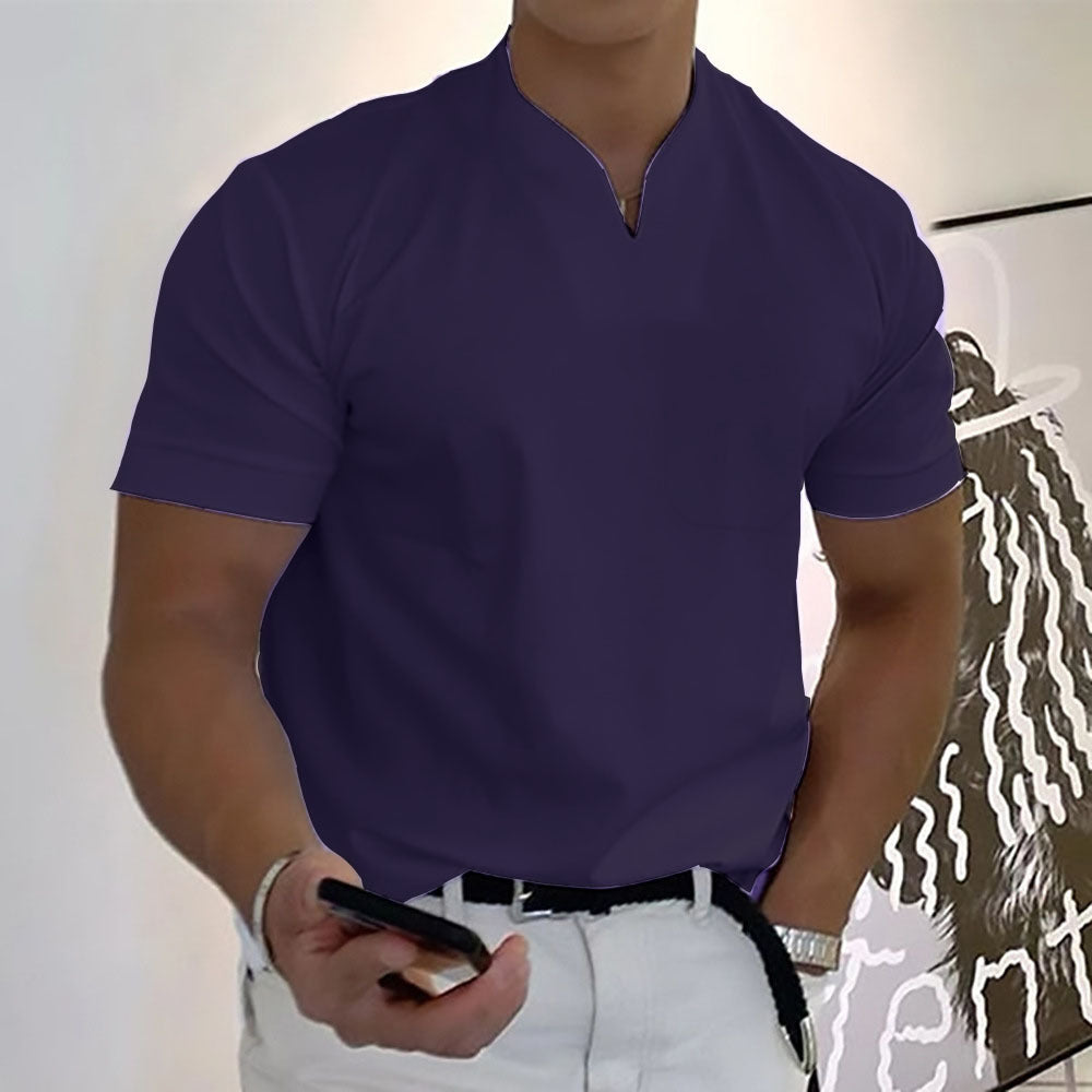 Fashionable men's band collar pocket tee, short sleeve design for ultimate casual comfort & versatile style.