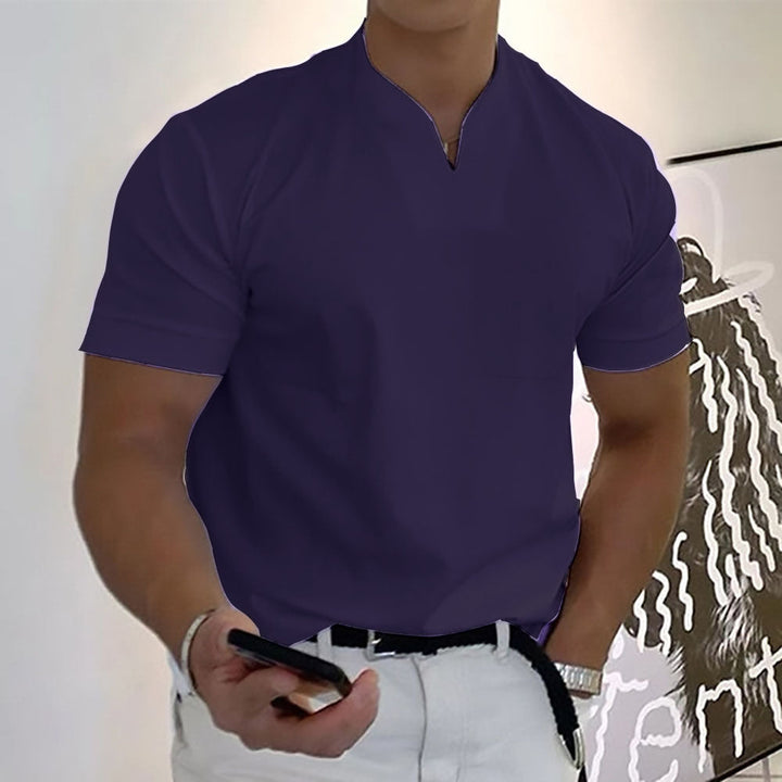 Fashionable men's band collar pocket tee, short sleeve design for ultimate casual comfort & versatile style.