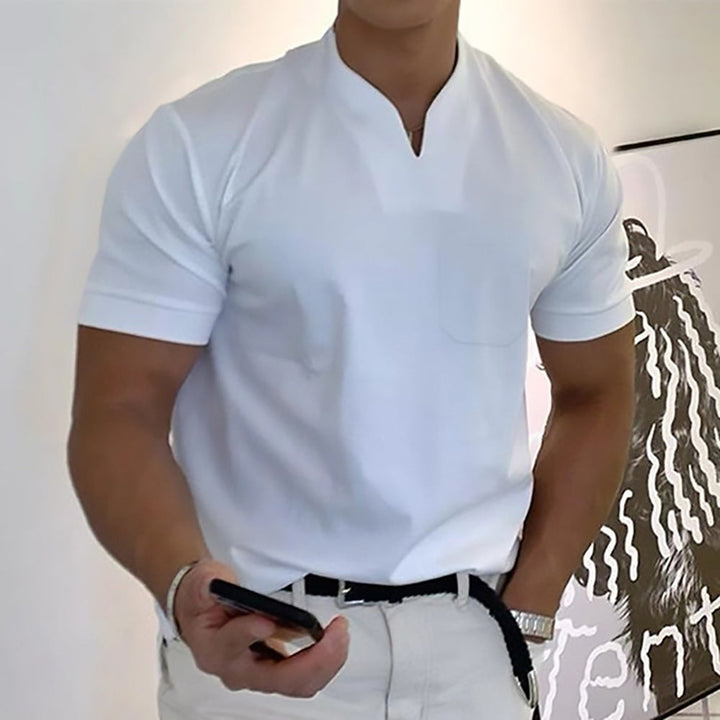 Men's short sleeve band collar tee with a front pocket, offering everyday comfort & modern style.