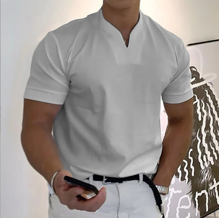 Modern men's fashion t-shirt featuring a unique band collar and practical chest pocket. Casual wear.