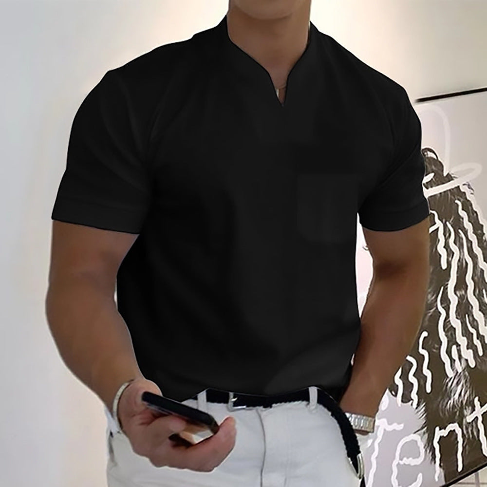 Summer men's t-shirt, a stylish band collar pocket tee for versatile casual outfits. Everyday comfort.