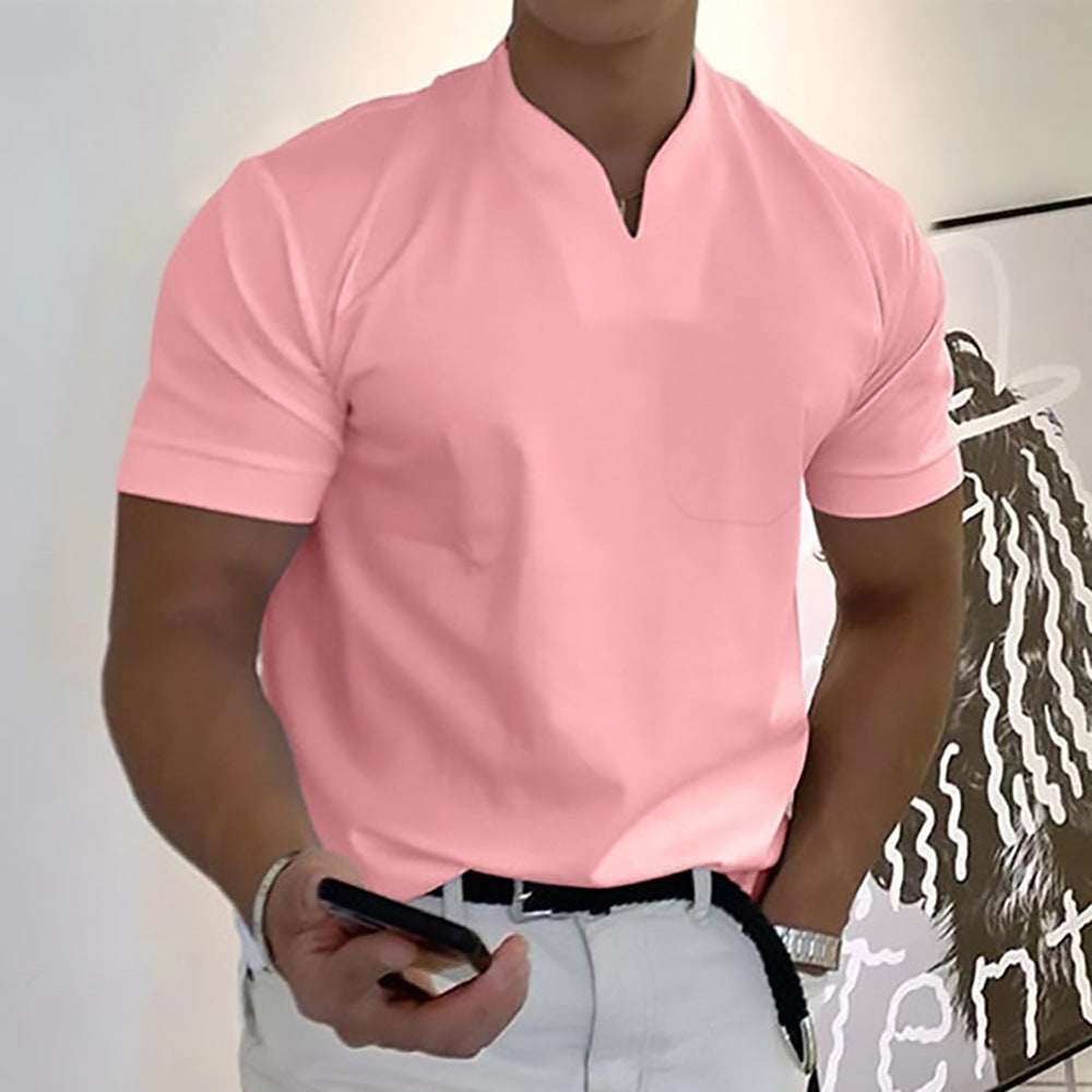 Close-up of a men's stylish band collar pocket t-shirt, highlighting short sleeve design and detail.