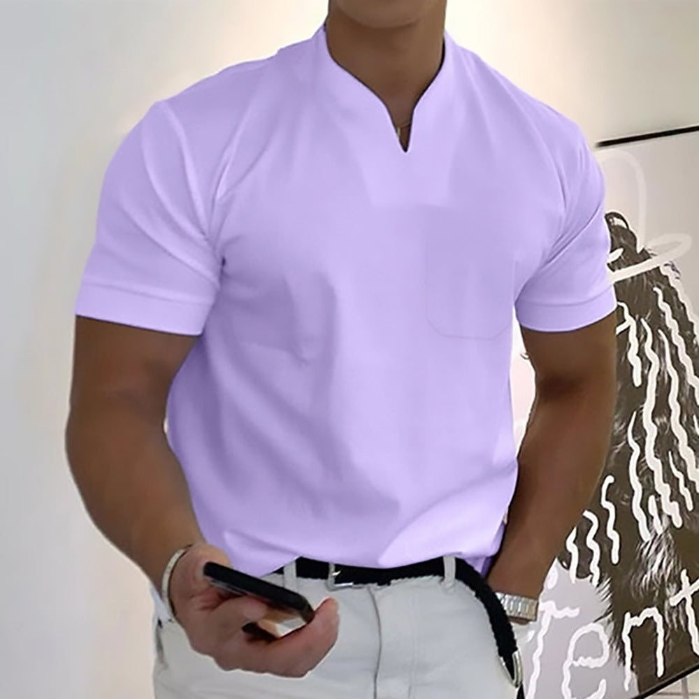 Contemporary men's band collar t-shirt, a stylish pocket tee designed for modern comfort and everyday wear.