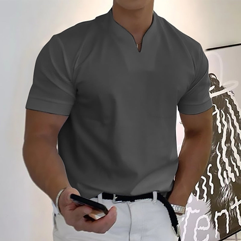 Soft men's band collar pocket t-shirt, short sleeve design for everyday style and casual comfort.