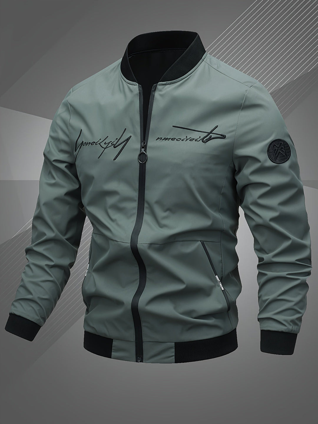 Stylish men's black bomber jacket with front zipper & ribbed cuffs, perfect for casual outerwear.
