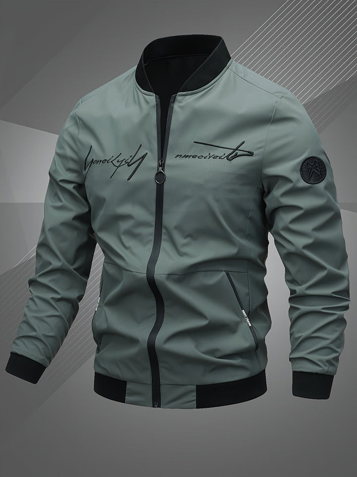 Stylish men's black bomber jacket with front zipper & ribbed cuffs, perfect for casual outerwear.