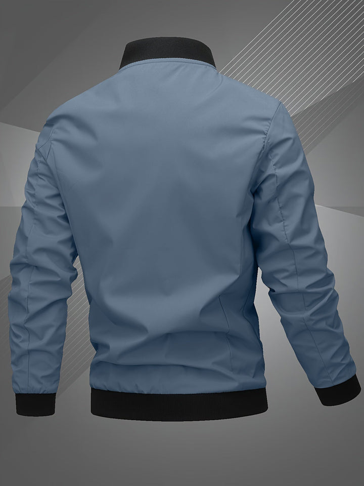Front view of a sleek men's navy blue bomber jacket, zip-up design, ideal for everyday fashion.
