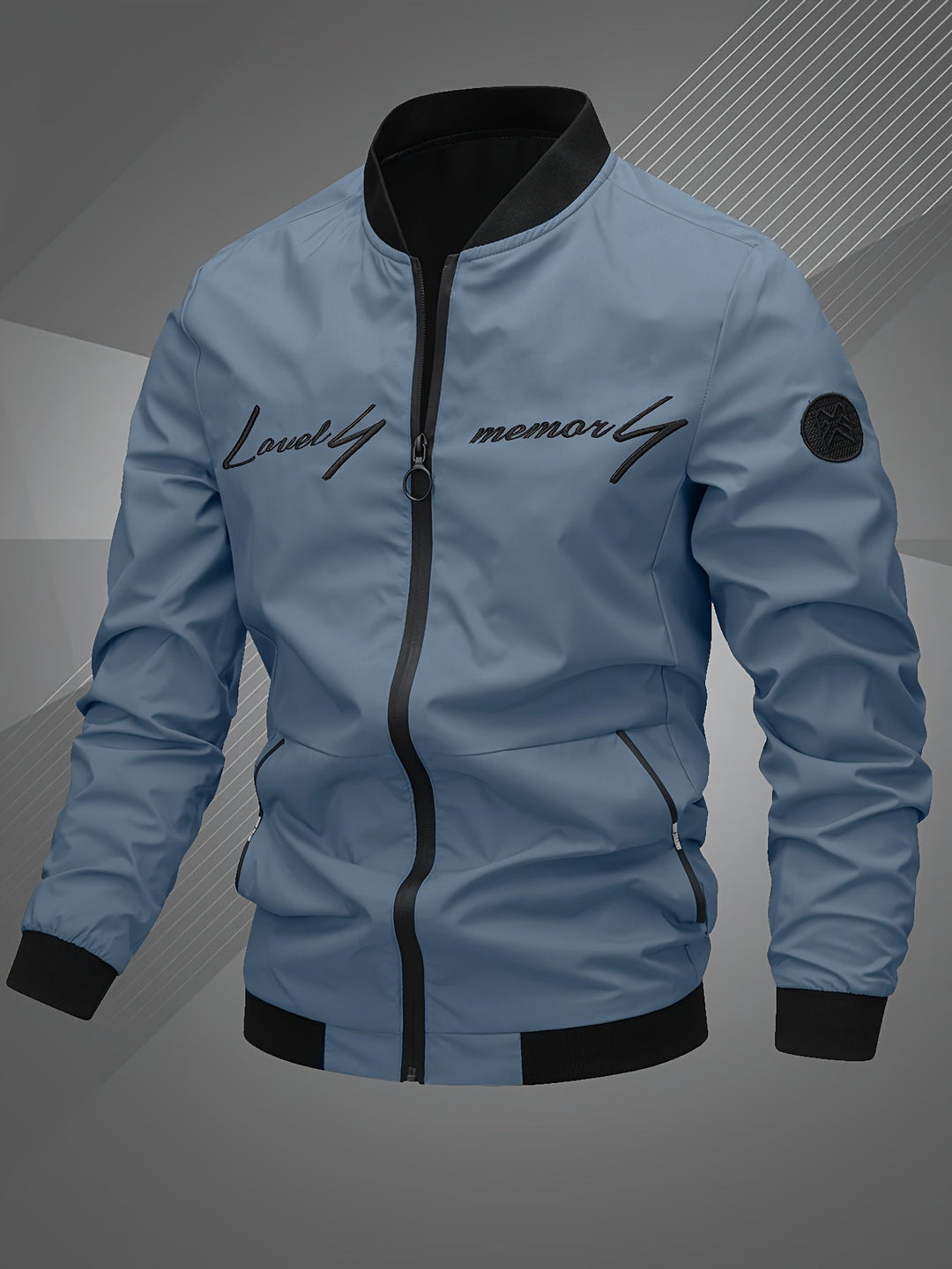 Close-up of the zipper detail on a men's stylish bomber jacket, showcasing quality menswear.