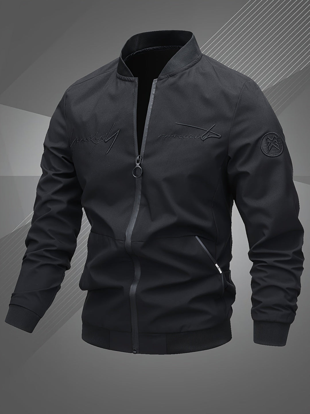 Back view of a men's casual bomber jacket, showcasing its clean lines & fashionable style.