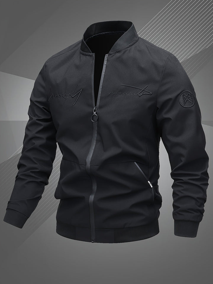 Back view of a men's casual bomber jacket, showcasing its clean lines & fashionable style.