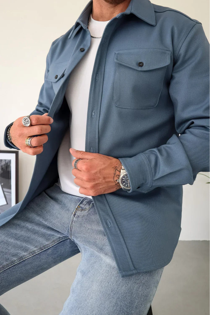 Men's casual button-up shirt, functions as a stylish overshirt for versatile layering.