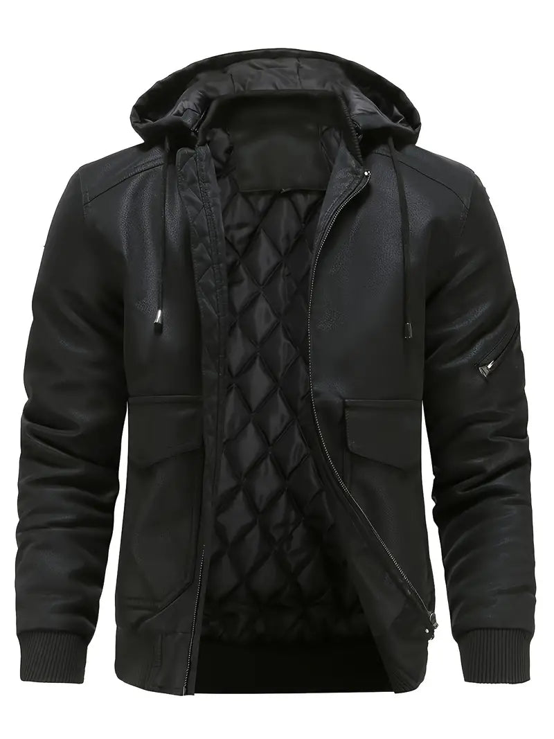 Men's quilted bomber jacket with hood. Durable & warm everyday jacket, ideal for fall/winter outerwear.