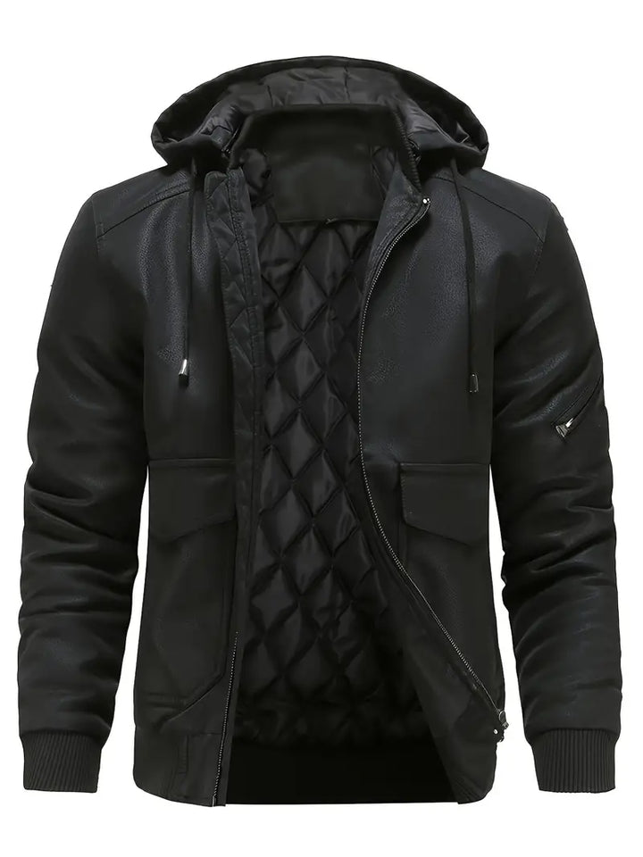 Men's quilted bomber jacket with hood. Durable & warm everyday jacket, ideal for fall/winter outerwear.