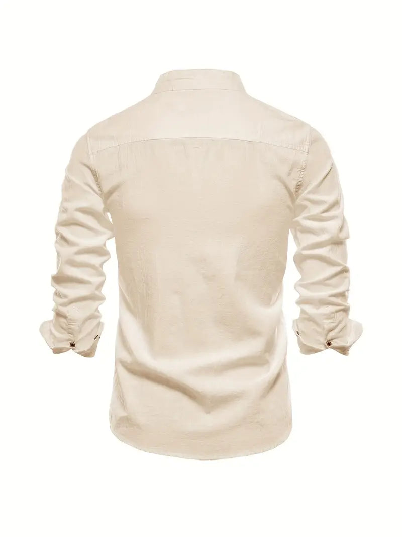 Man wearing a stylish long-sleeve button-up casual shirt, showcasing its modern fit and comfort.